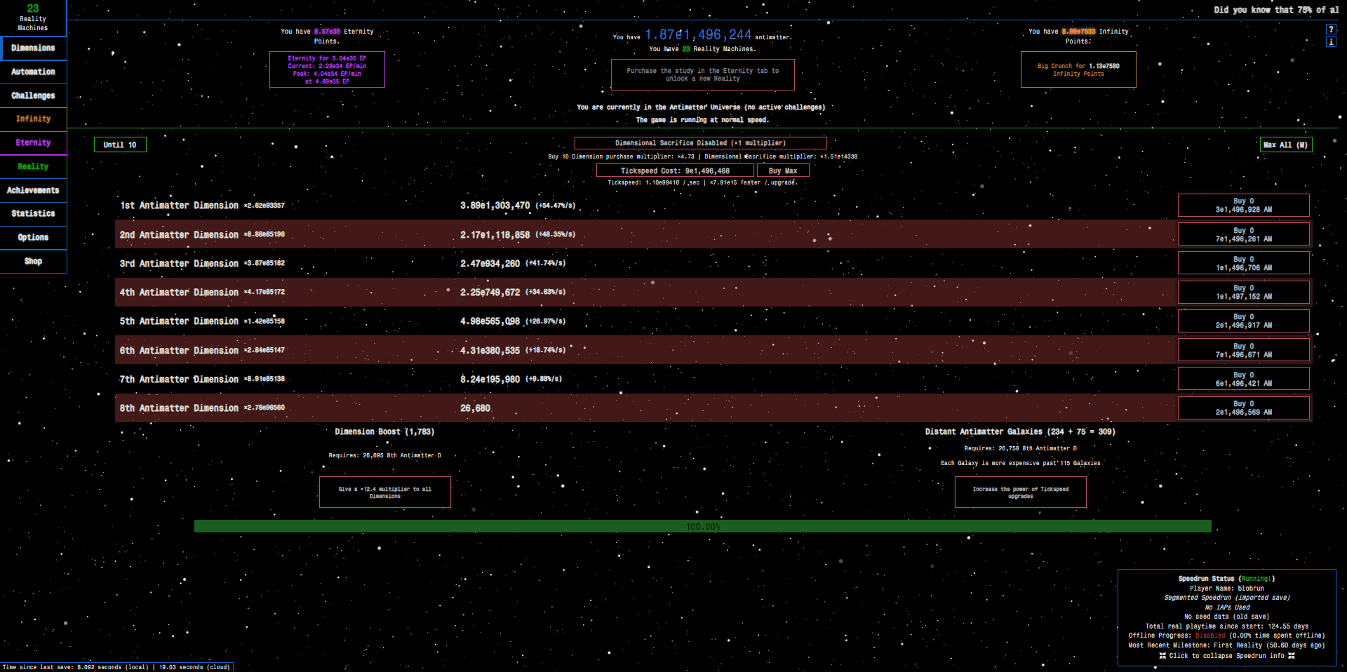 Screenshot of the Antimatter Dimensions tab